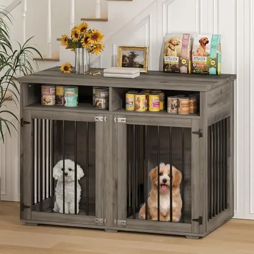 REVOMINCA grey farmhouse style wooden dog crate with a removable divider