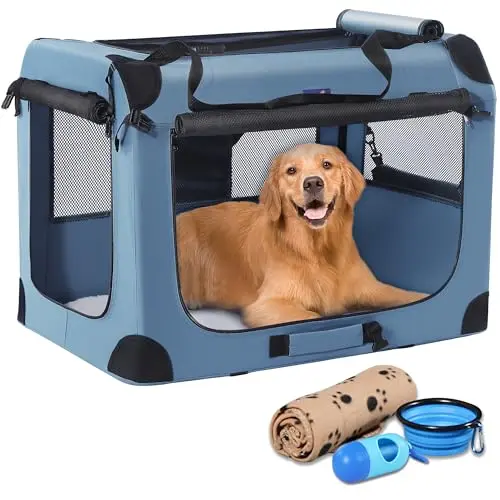 Petprsco Blue Soft Collapsible Dog Crate with three doors