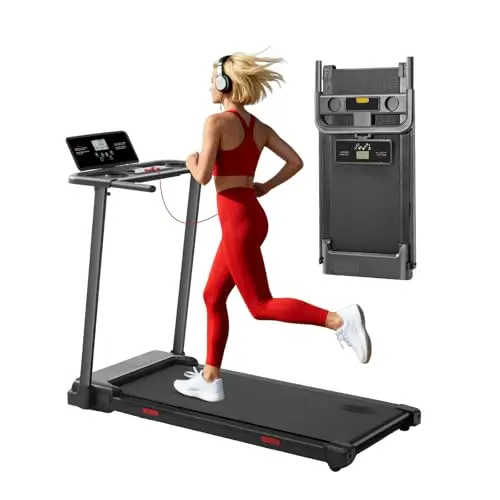MCRG portable black treadmill with handles folded and unfolded