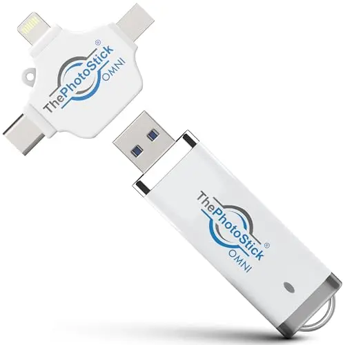 ThePhotoStick Omni 32GB white USB flash drive with multiple connector ends