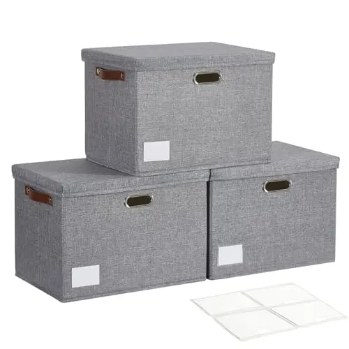 Roobyl large gray fabric storage bins with removable lids and labels
