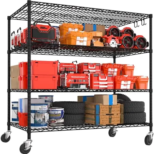 PrimeZone tall black wire shelving unit with four shelves and wheels