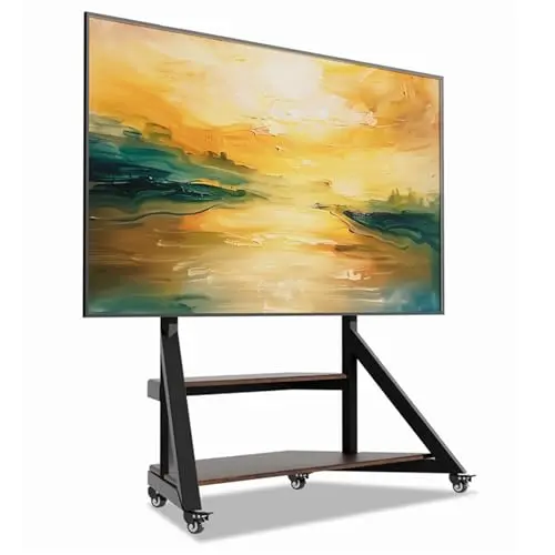 unho large mobile TV floor stand with wooden shelves and wheels