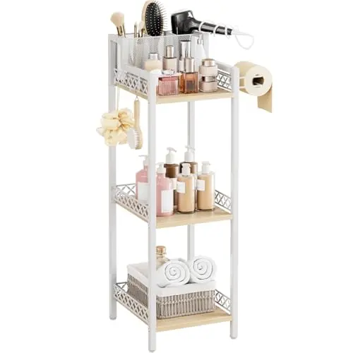 FURFUN white freestanding three-tier narrow shelf unit with rustic style