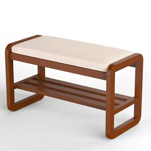 WUDITURE solid wood shoe bench with cushioned seat in cherrywood