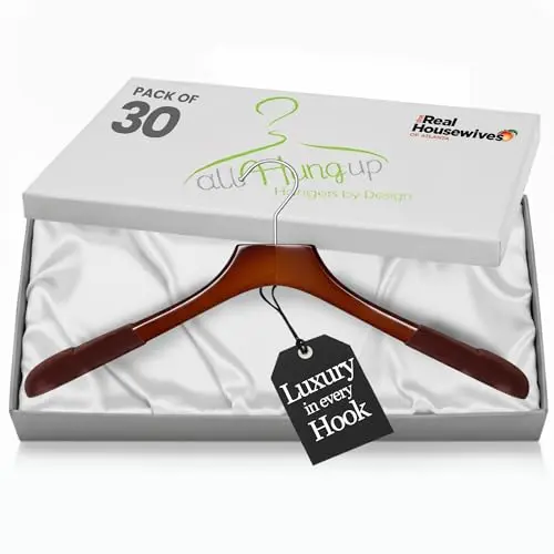 All Hung Up Hangers 30 pack of high gloss brown wooden coat hangers with wide shoulders and velvet flocking.