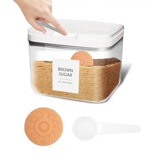 Euiaey brown sugar container with one-touch lid, spoon, and terracotta savers