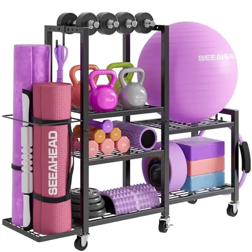 SEEAHEAD 6-tier black iron storage rack with wheels for home gym accessories