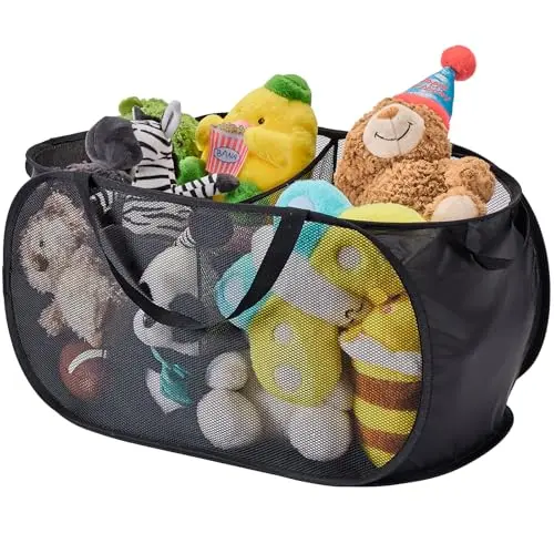 Peyorom large foldable mesh fabric toy storage basket with two compartments