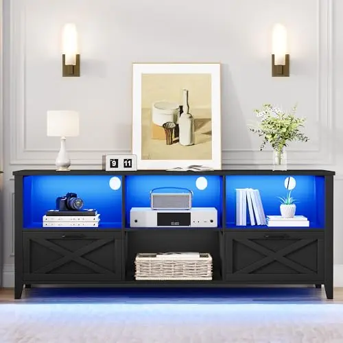 DWVO farmhouse-style black TV stand with LED lighting and drawers