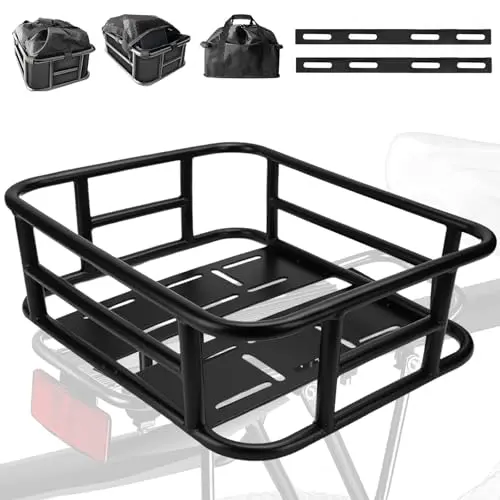 AceRide black rear metal bike basket with integrated waterproof liner and cargo net.