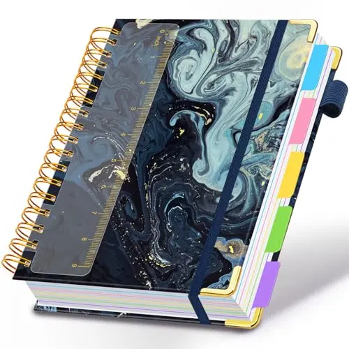 HDHUIUN navy marble spiral journal with gold accents and dividers