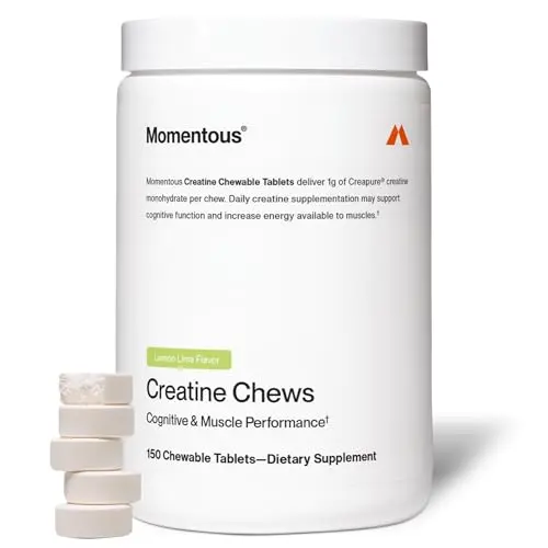 Momentous Creatine Chews lemon lime flavored tablets in jar