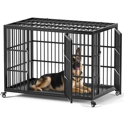 VERIFURTY 48-inch black heavy-duty steel dog crate with wheels