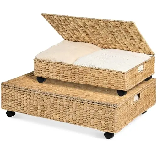 Best Choice Products two natural handwoven water hyacinth under bed storage baskets with lids